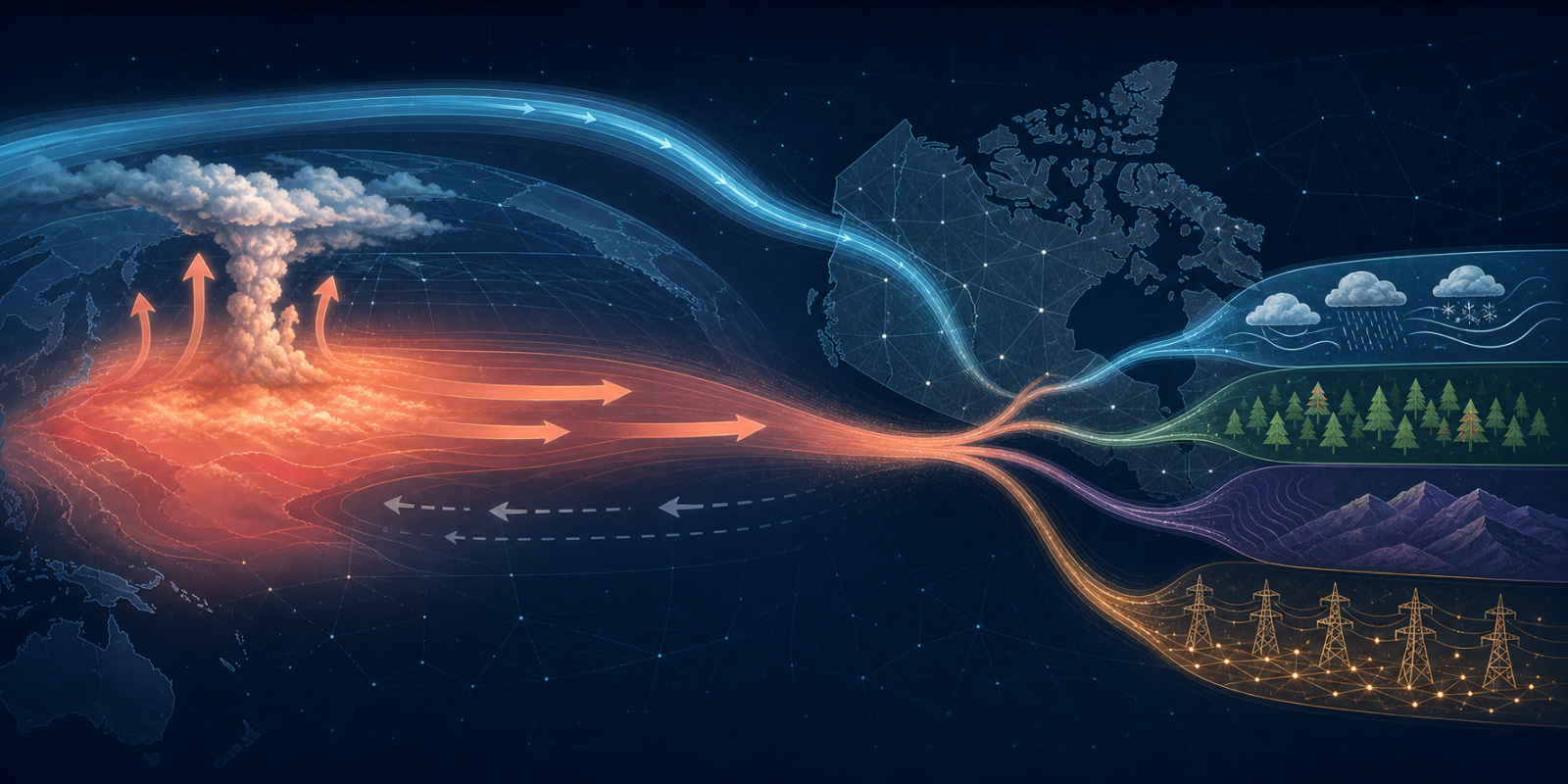 Illustration of a warm Pacific El Niño signal connected to weather and electrical-grid risk layers across Canada.
